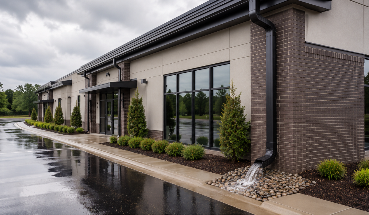 Proper downspout placement on a commercial building after rainfall
